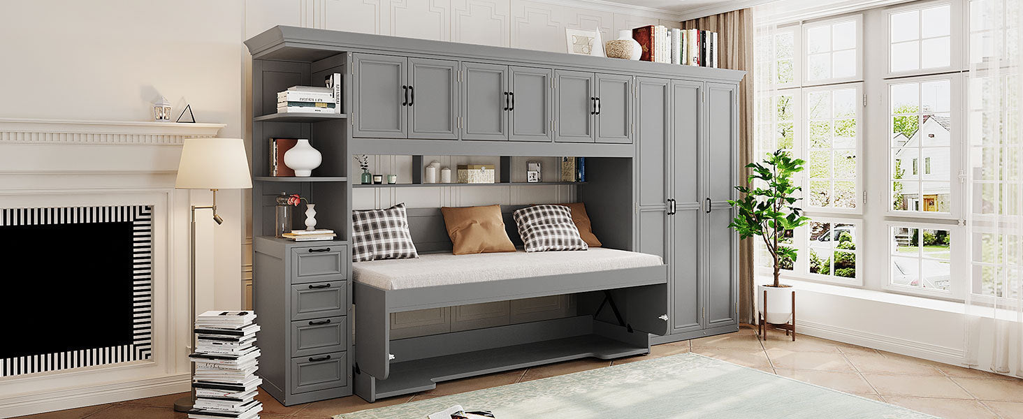 Murphy Bed Wall Bed with Wardrobe, Cabinet and Desk