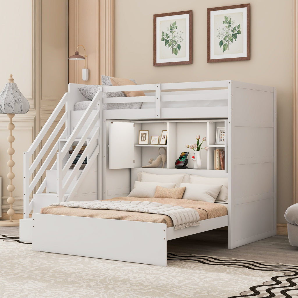 Twin over Full Bunk Bed with Storage Stairs, Wardrobe,USB and Ligh