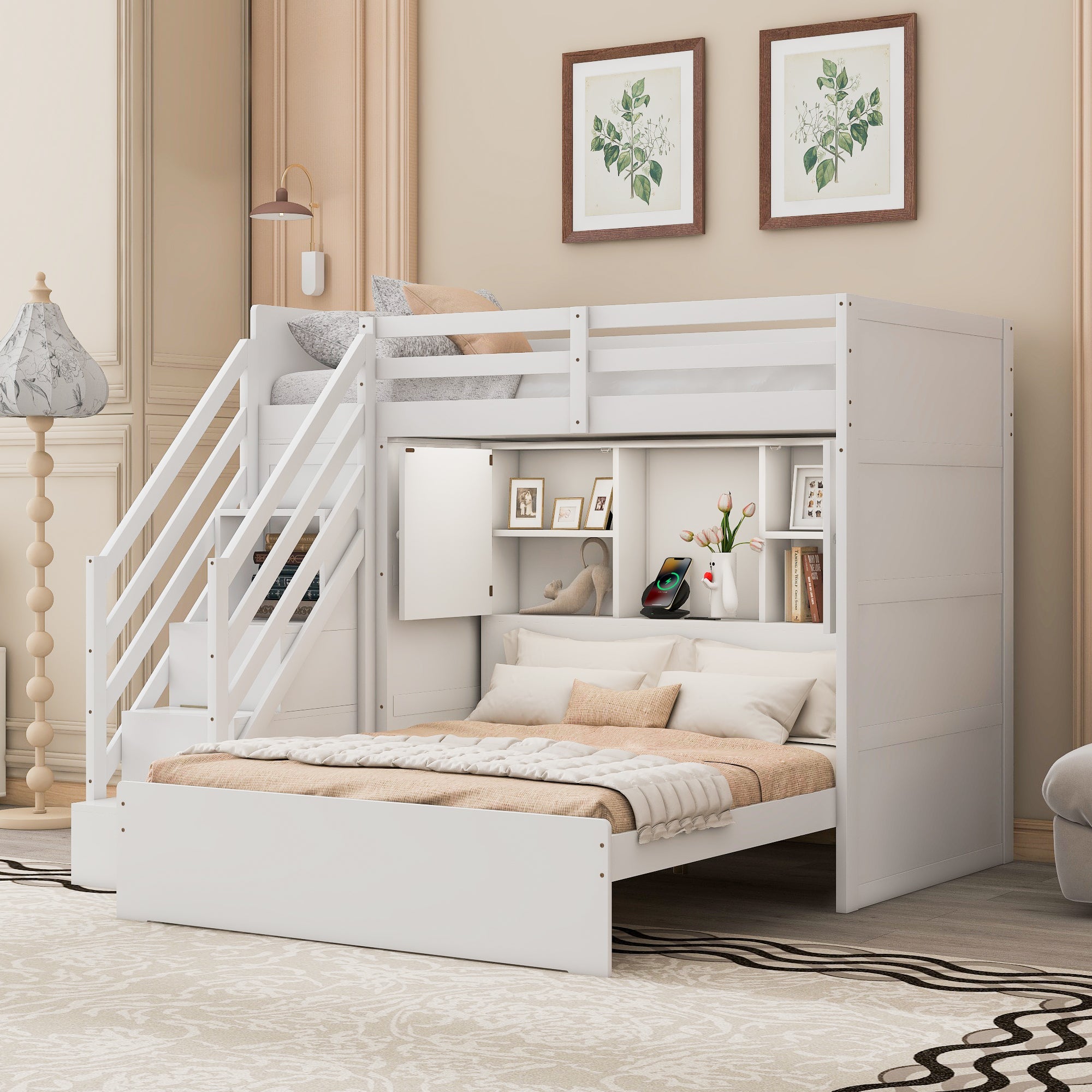 Twin over Full Bunk Bed with Storage Stairs, Wardrobe,USB and Ligh