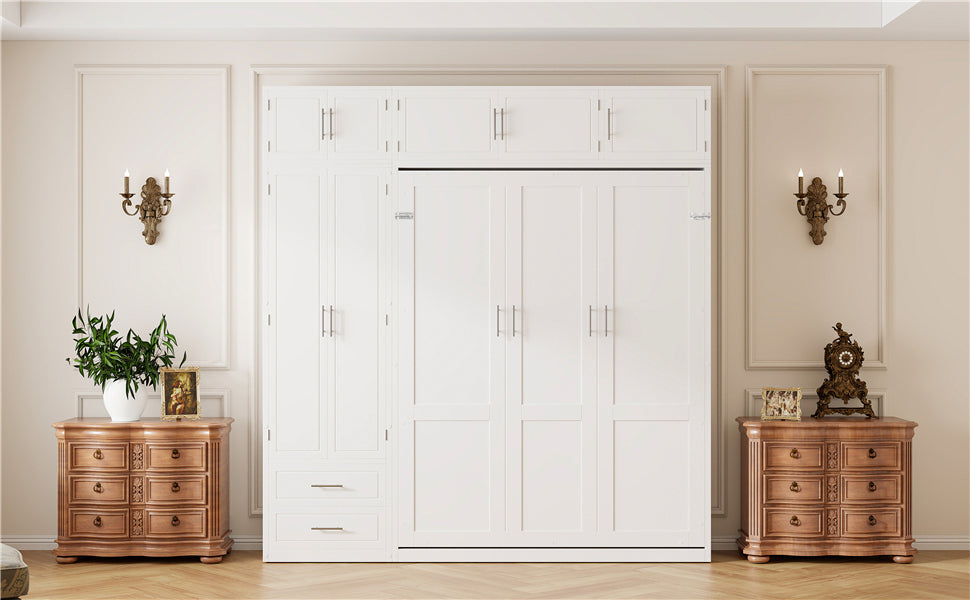 Queen Size Wall Murphy Bed with Top Cabinet, Shelves and Wardrobe,