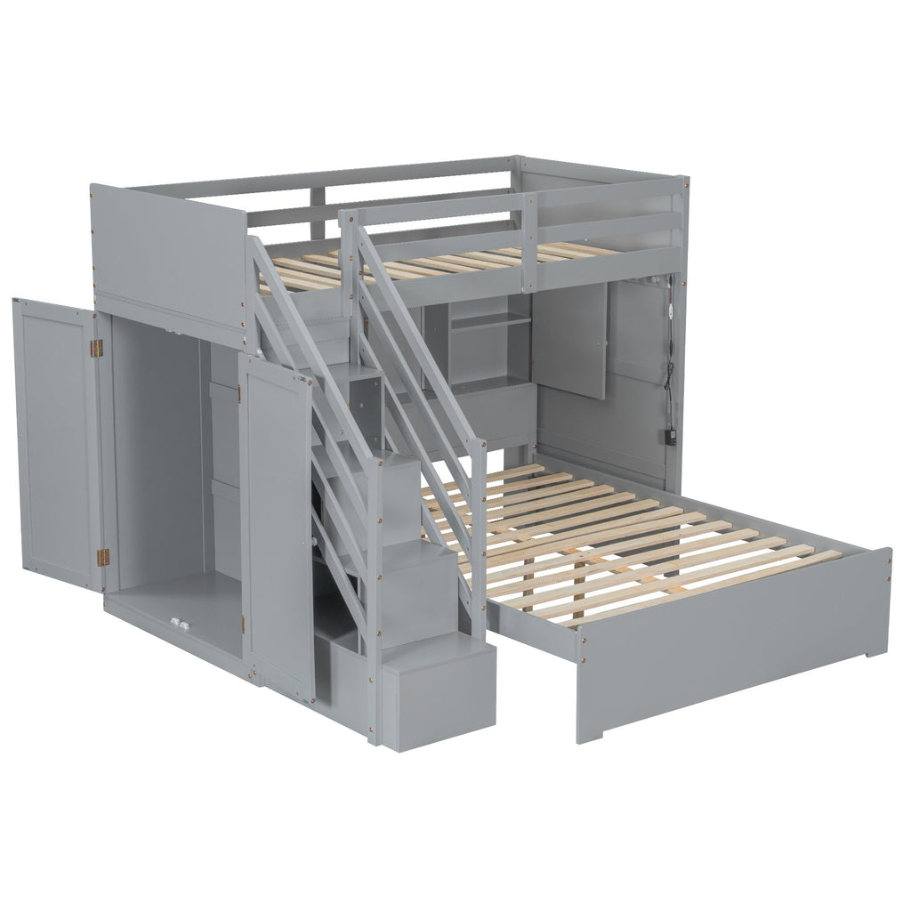 Twin over Full Bunk Bed with Storage Stairs, Wardrobe,USB and Ligh