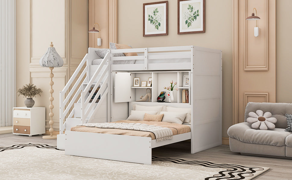 Twin over Full Bunk Bed with Storage Stairs, Wardrobe,USB and Ligh