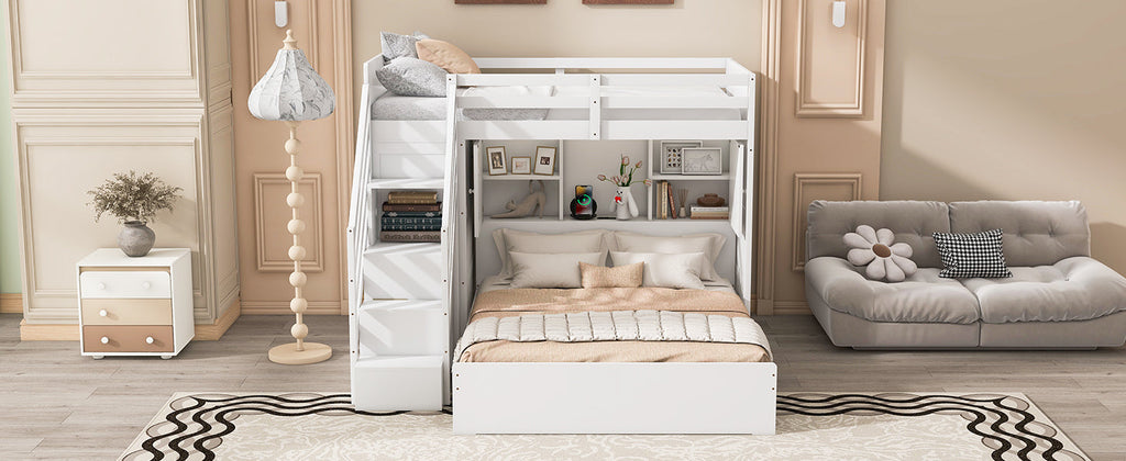 Twin over Full Bunk Bed with Storage Stairs, Wardrobe,USB and Ligh