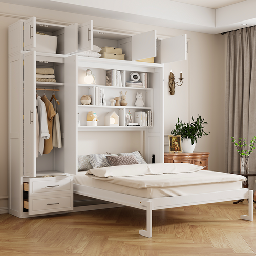 Queen Size Wall Murphy Bed with Top Cabinet, Shelves and Wardrobe,