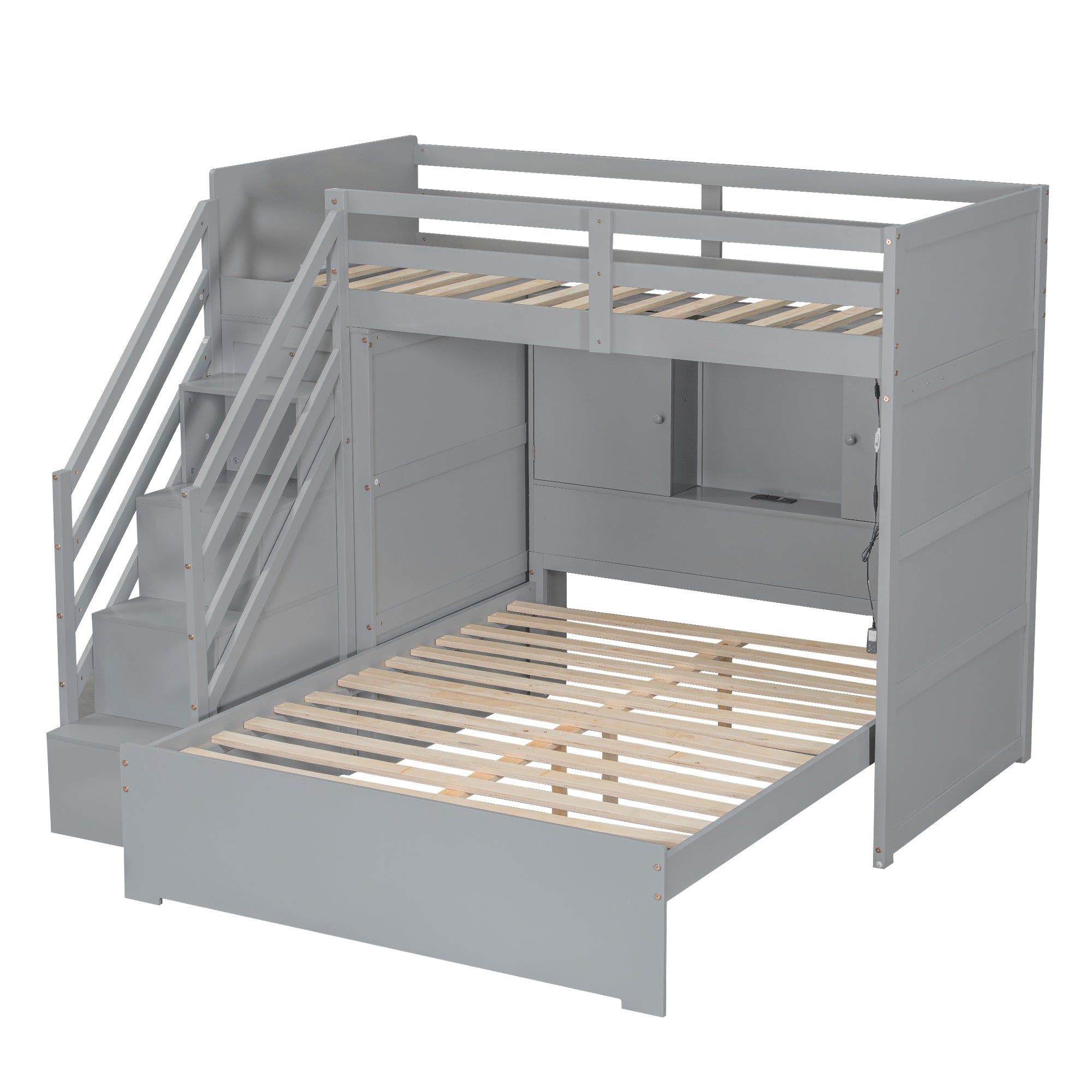 Twin over Full Bunk Bed with Storage Stairs, Wardrobe,USB and Ligh
