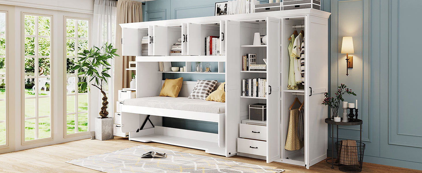 Murphy Bed Wall Bed with Wardrobe, Cabinet and Desk