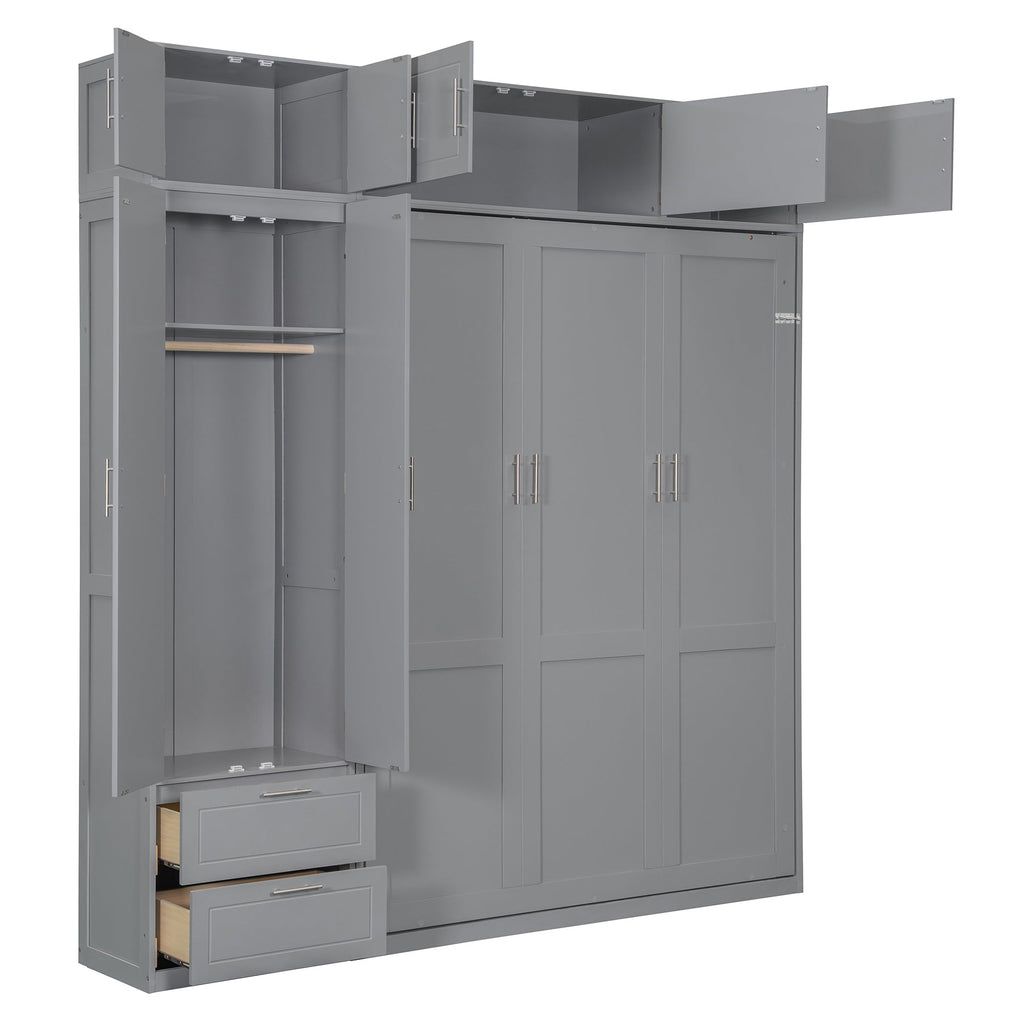 Queen Size Wall Murphy Bed with Top Cabinet, Shelves and Wardrobe,