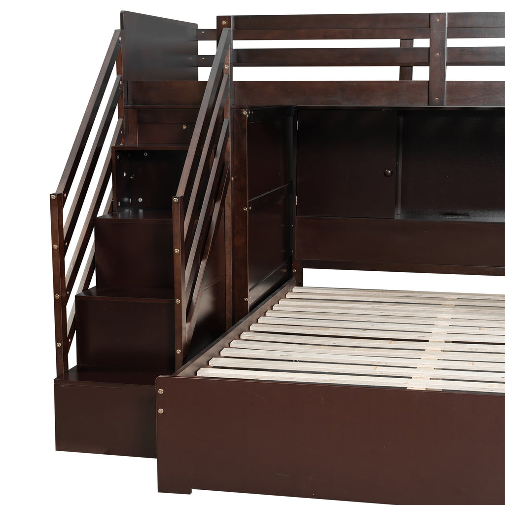 Twin over Full Bunk Bed with Storage Stairs, Wardrobe,USB and Ligh