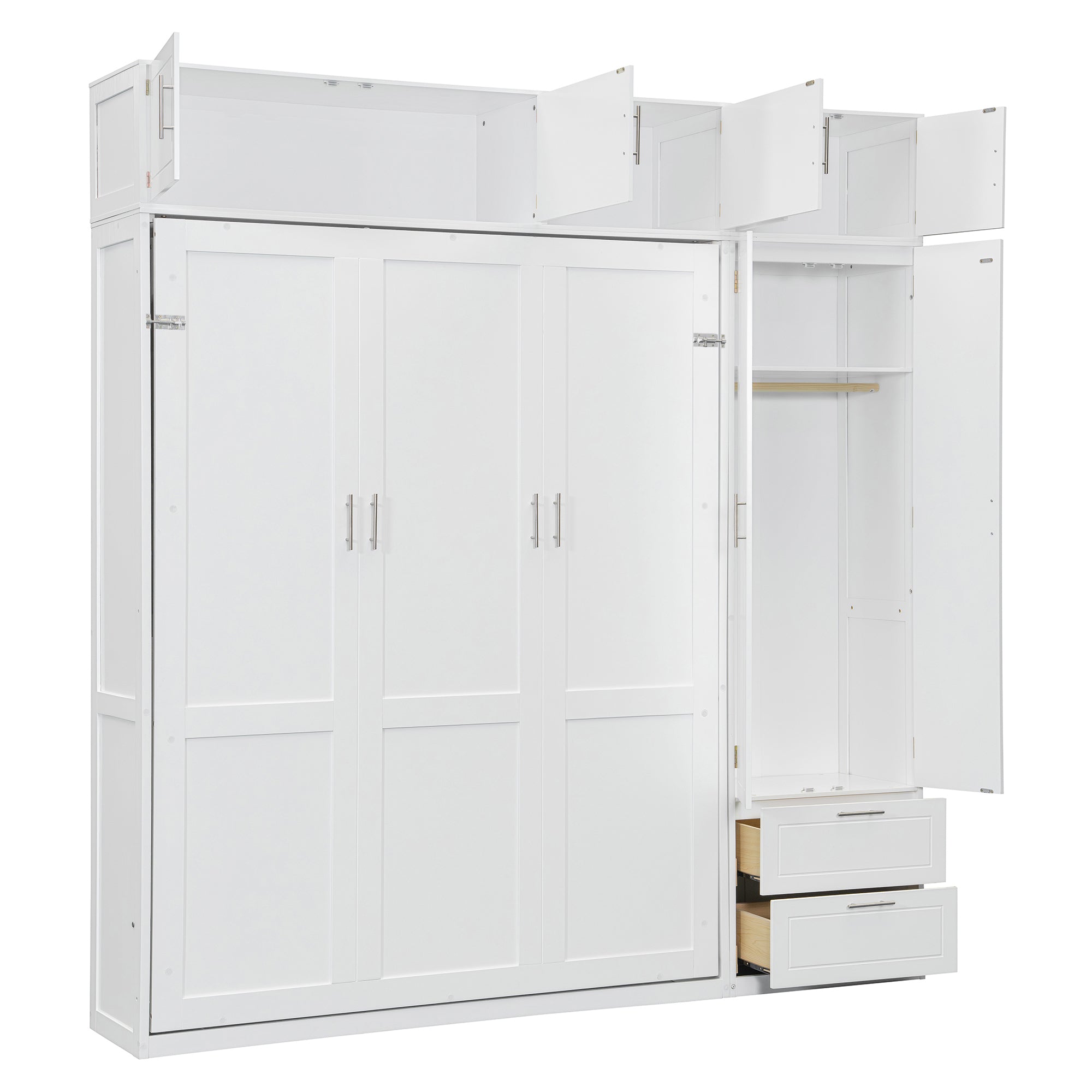 Queen Size Wall Murphy Bed with Top Cabinet, Shelves and Wardrobe,