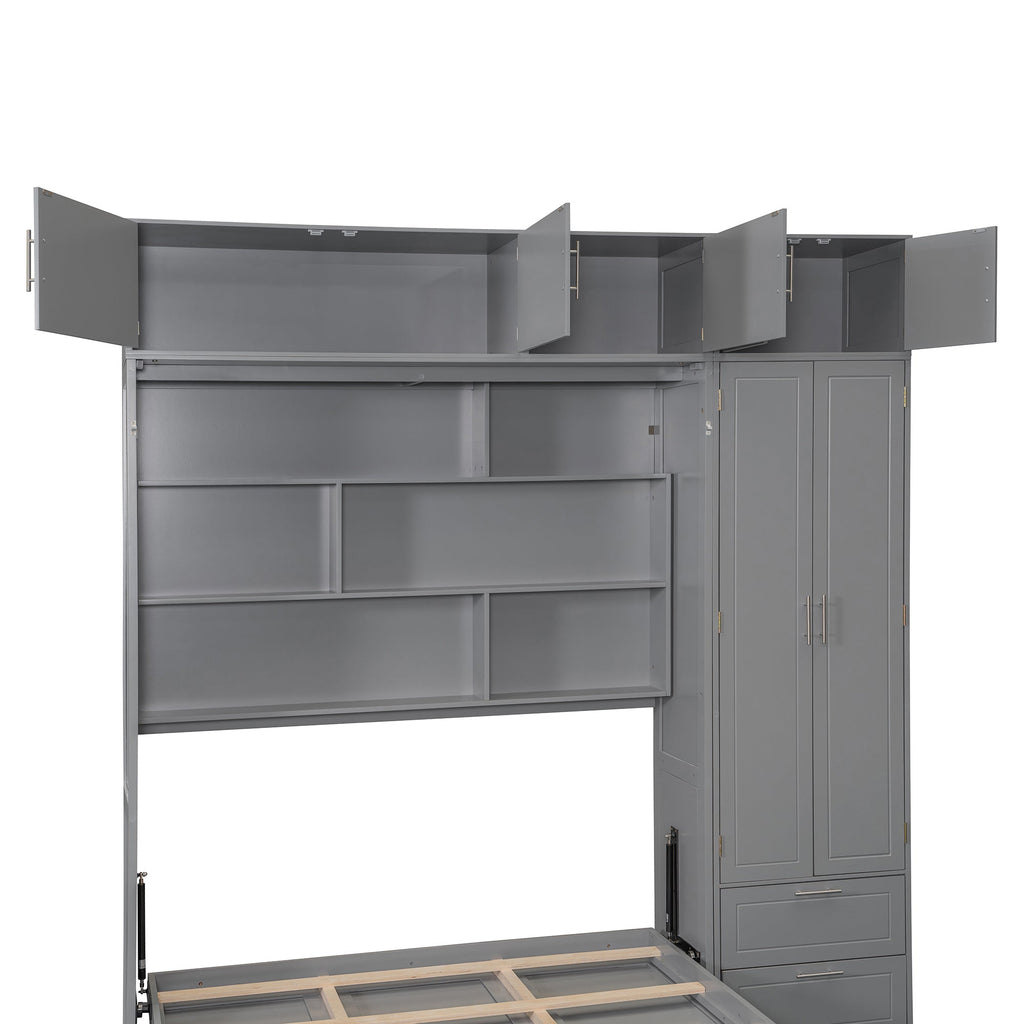 Queen Size Wall Murphy Bed with Top Cabinet, Shelves and Wardrobe,