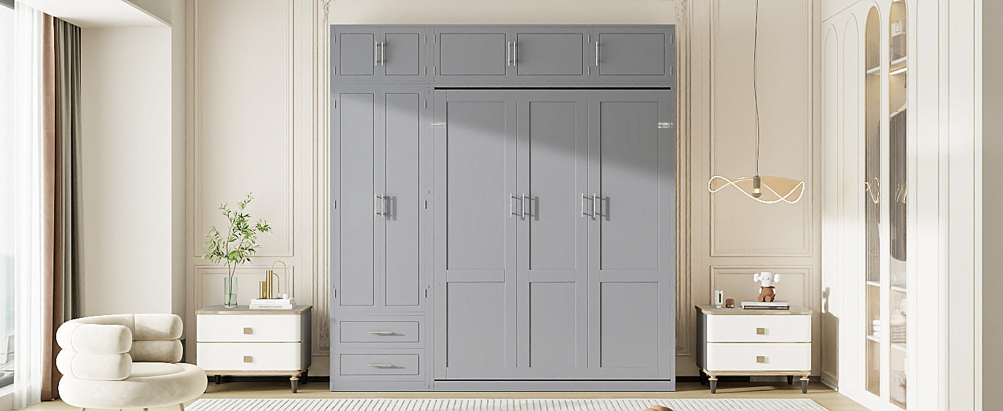 Queen Size Wall Murphy Bed with Top Cabinet, Shelves and Wardrobe,