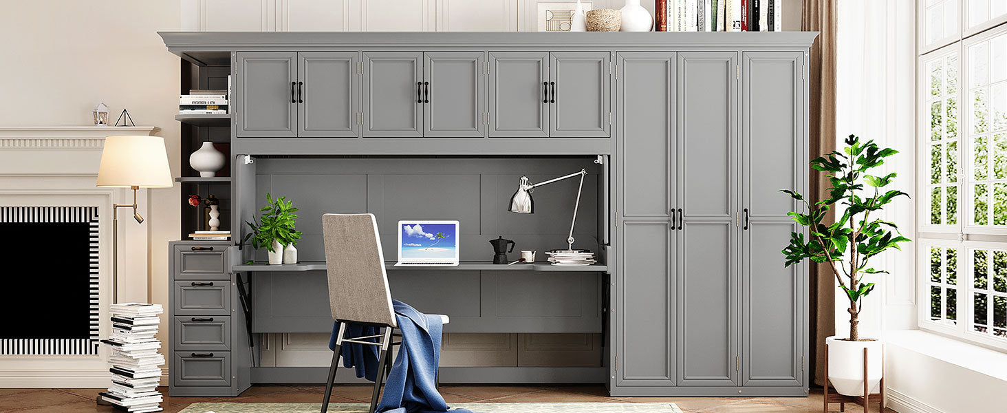 Murphy Bed Wall Bed with Wardrobe, Cabinet and Desk