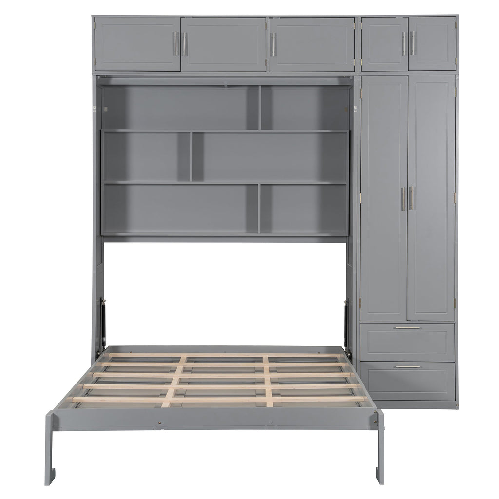 Queen Size Wall Murphy Bed with Top Cabinet, Shelves and Wardrobe,