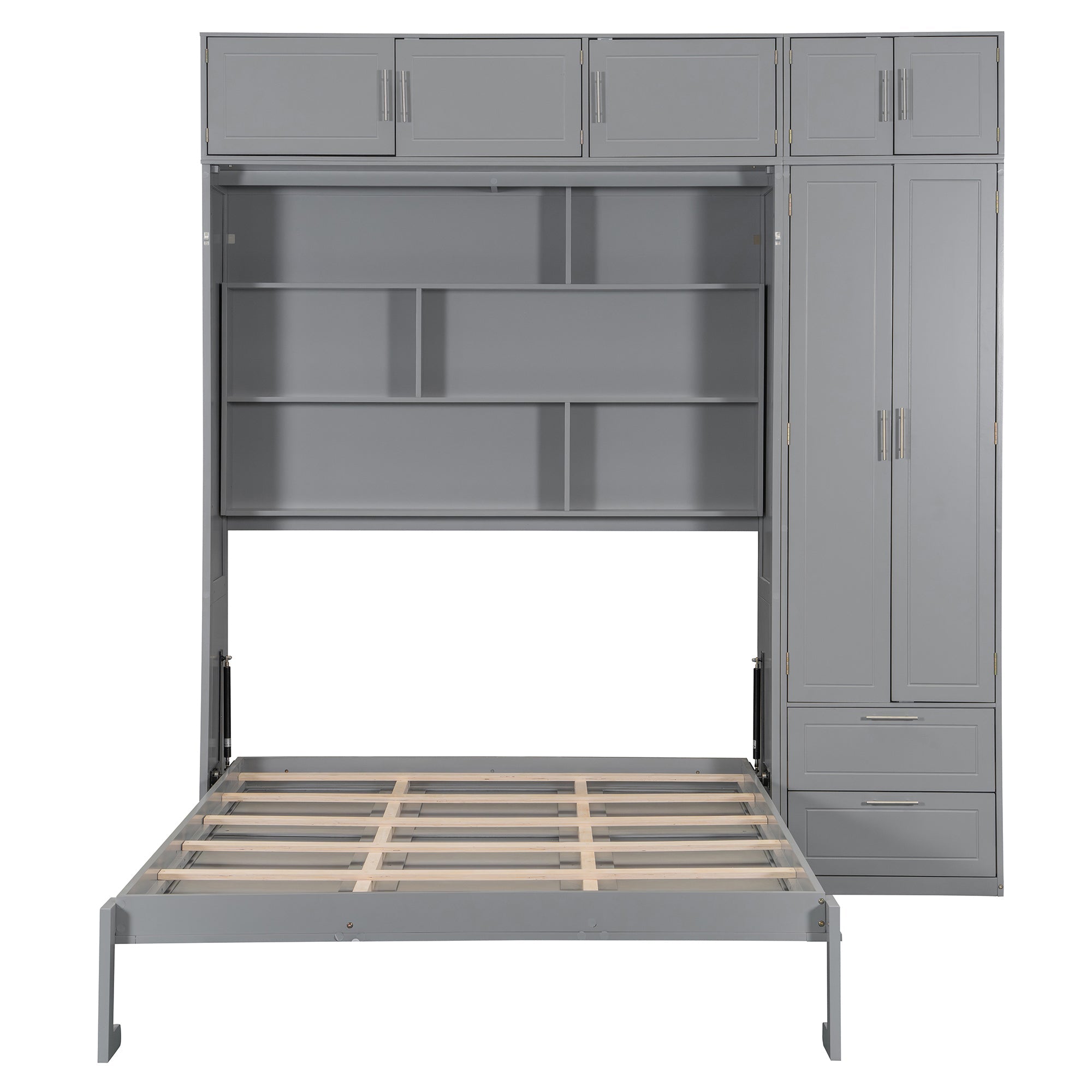 Queen Size Wall Murphy Bed with Top Cabinet, Shelves and Wardrobe,