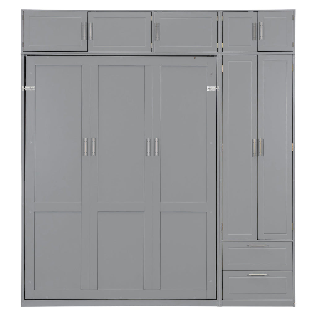 Queen Size Wall Murphy Bed with Top Cabinet, Shelves and Wardrobe,