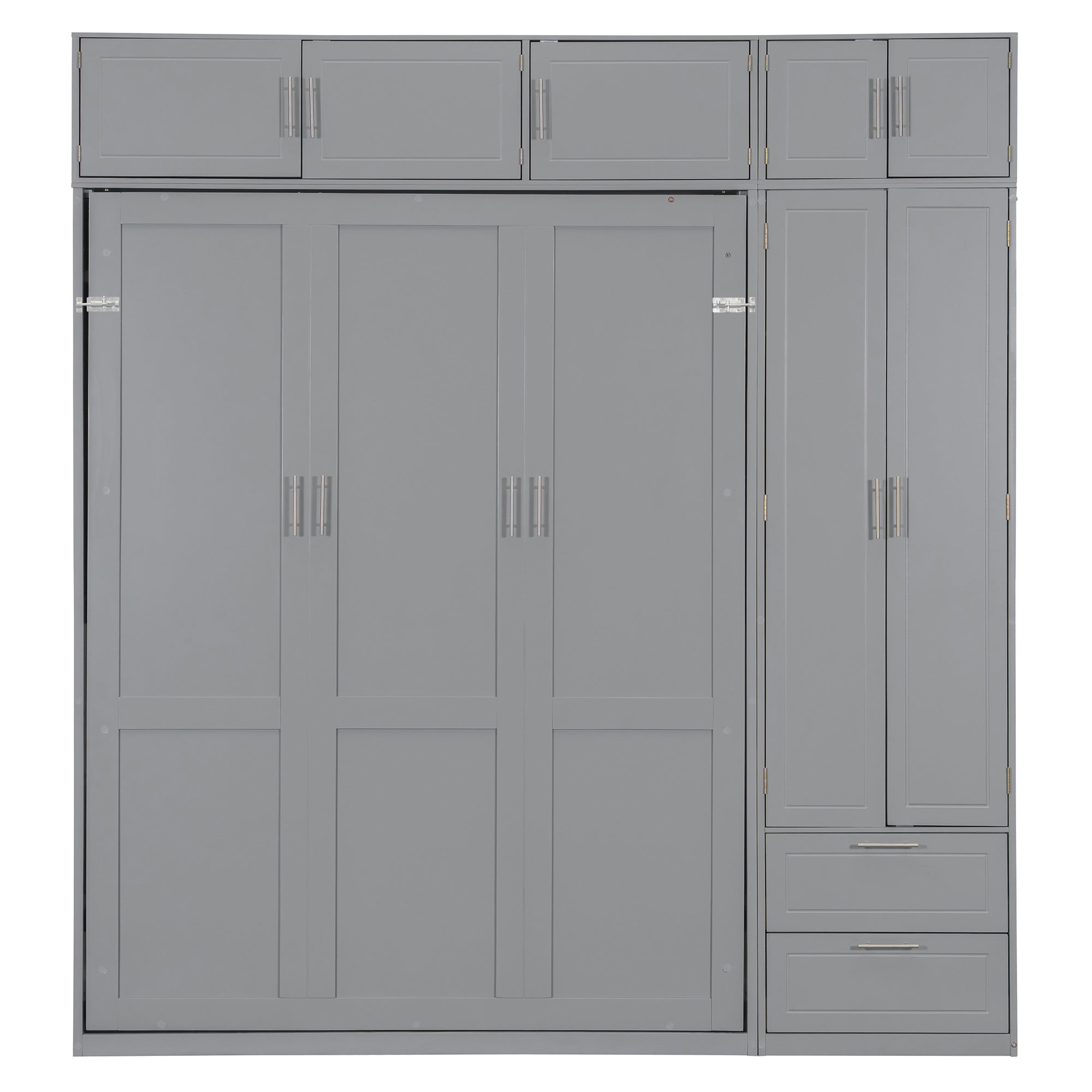 Queen Size Wall Murphy Bed with Top Cabinet, Shelves and Wardrobe,