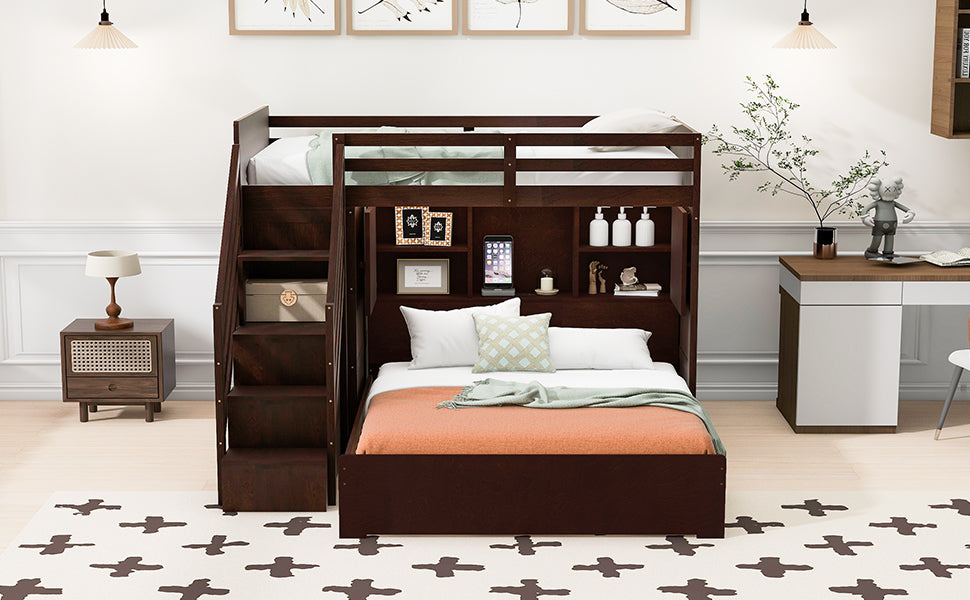 Twin over Full Bunk Bed with Storage Stairs, Wardrobe,USB and Ligh