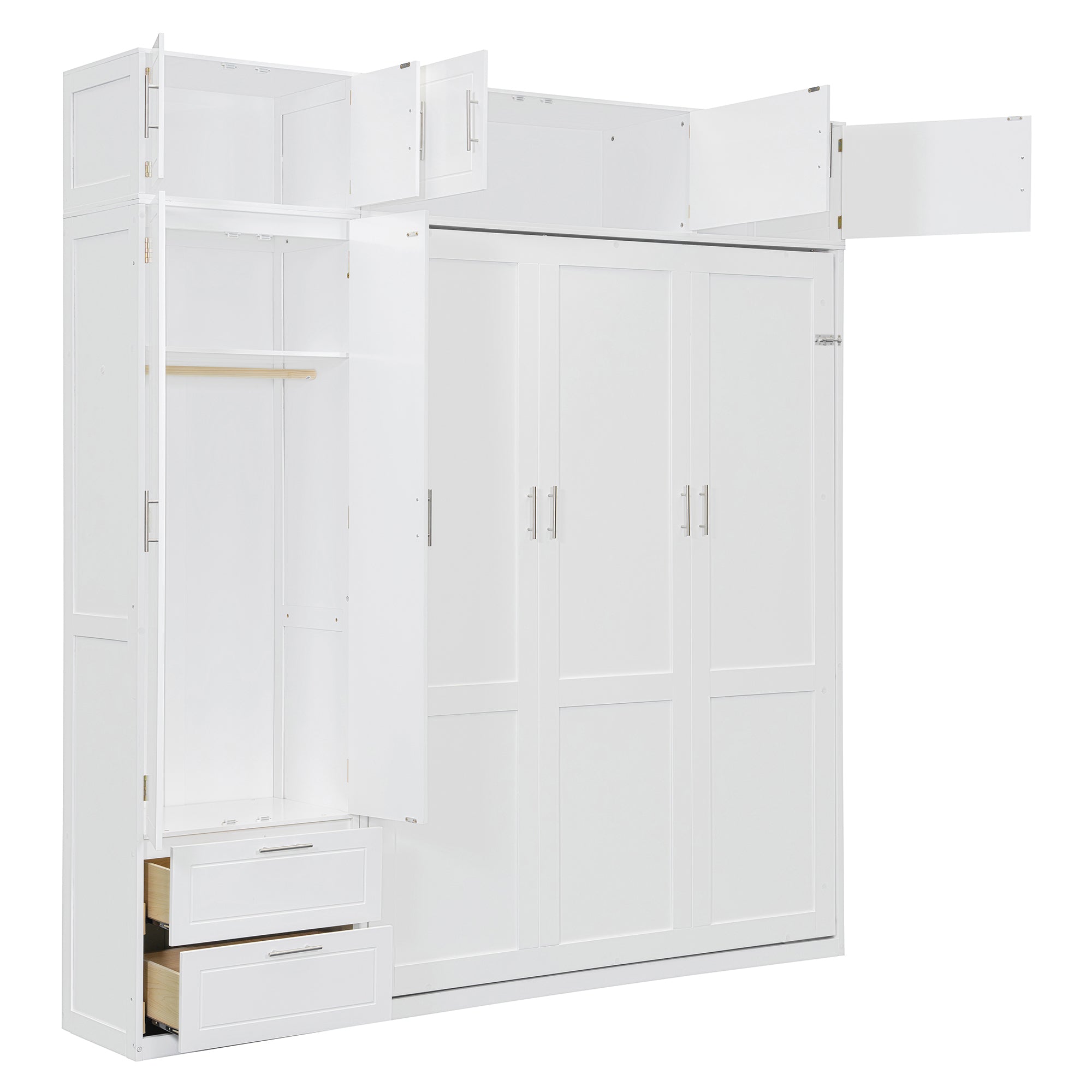 Queen Size Wall Murphy Bed with Top Cabinet, Shelves and Wardrobe,
