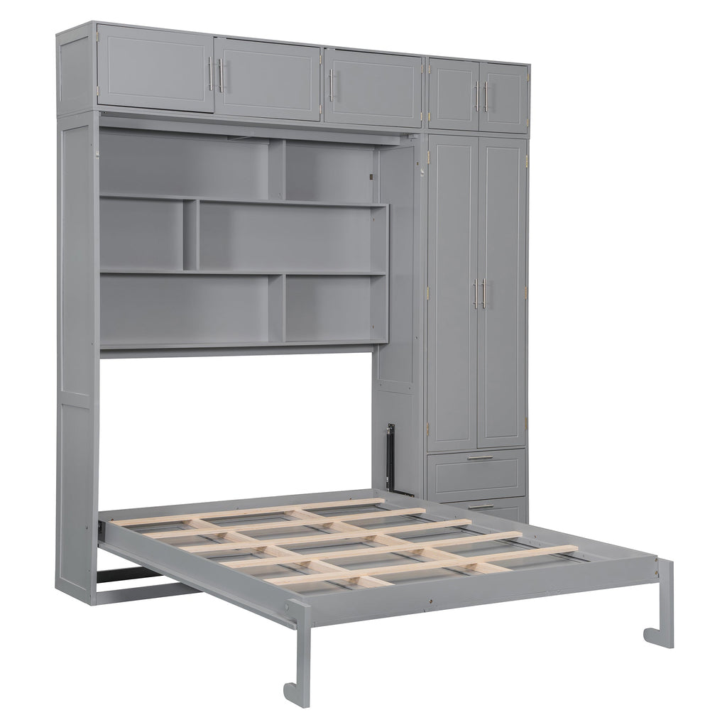 Queen Size Wall Murphy Bed with Top Cabinet, Shelves and Wardrobe,
