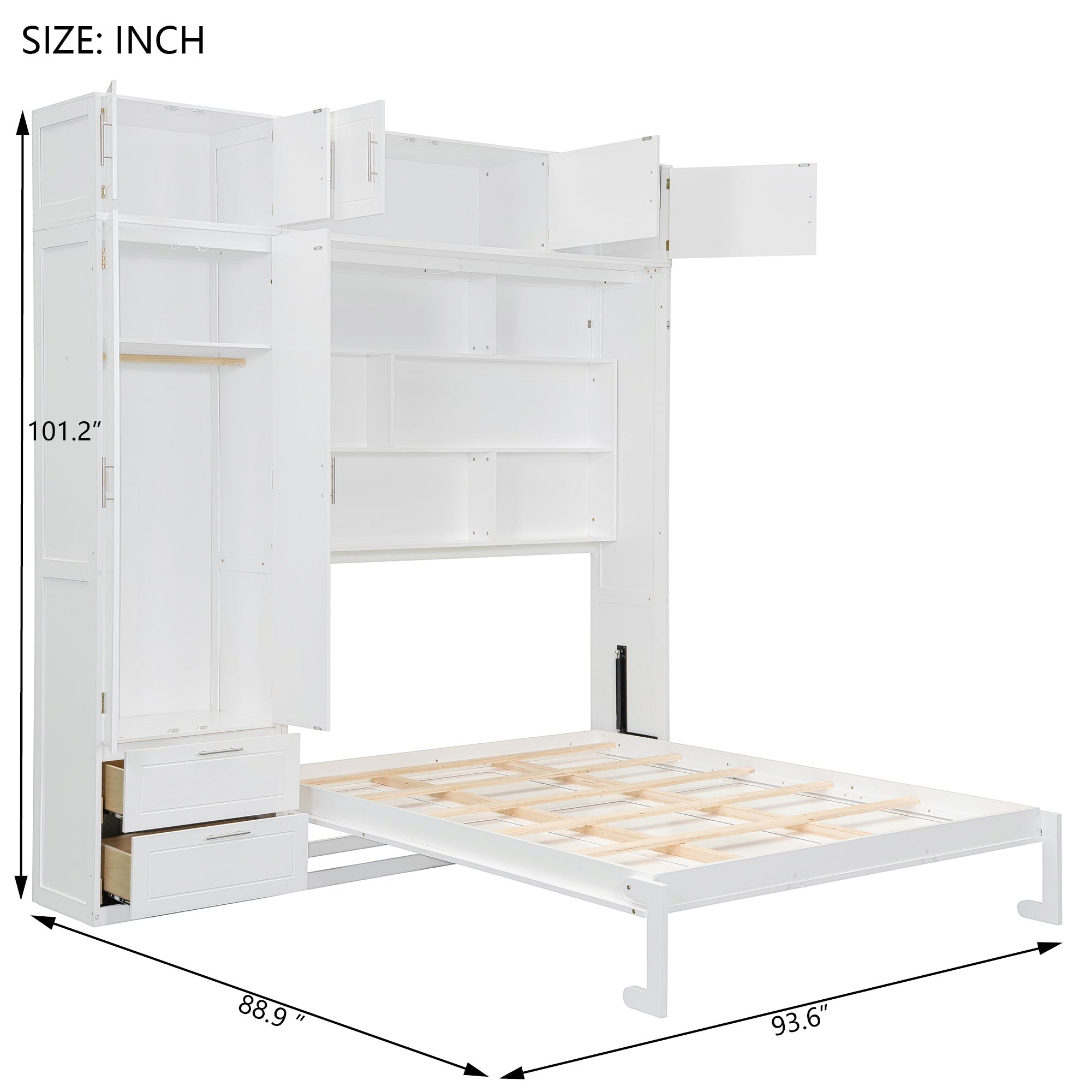 Queen Size Wall Murphy Bed with Top Cabinet, Shelves and Wardrobe,