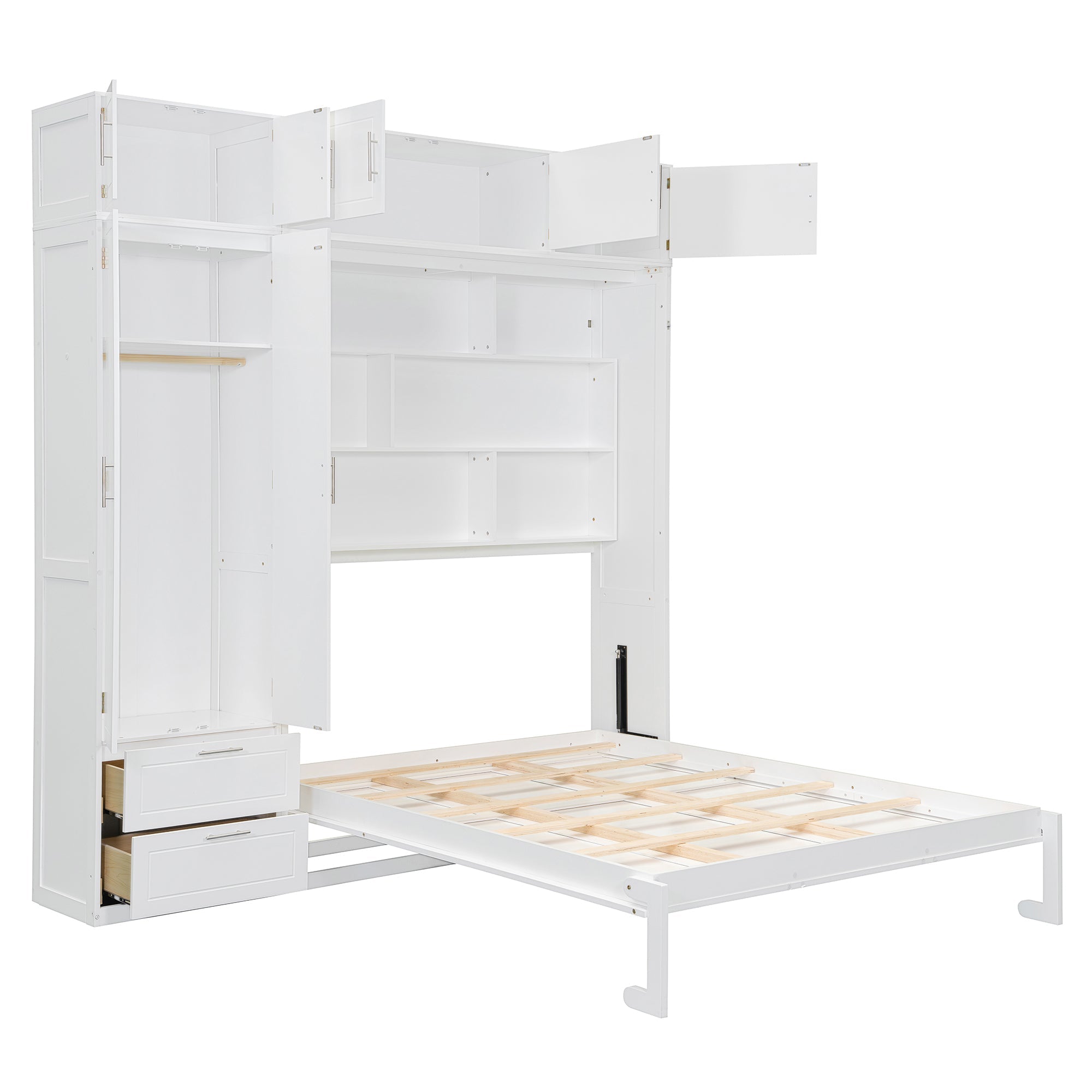 Queen Size Wall Murphy Bed with Top Cabinet, Shelves and Wardrobe,