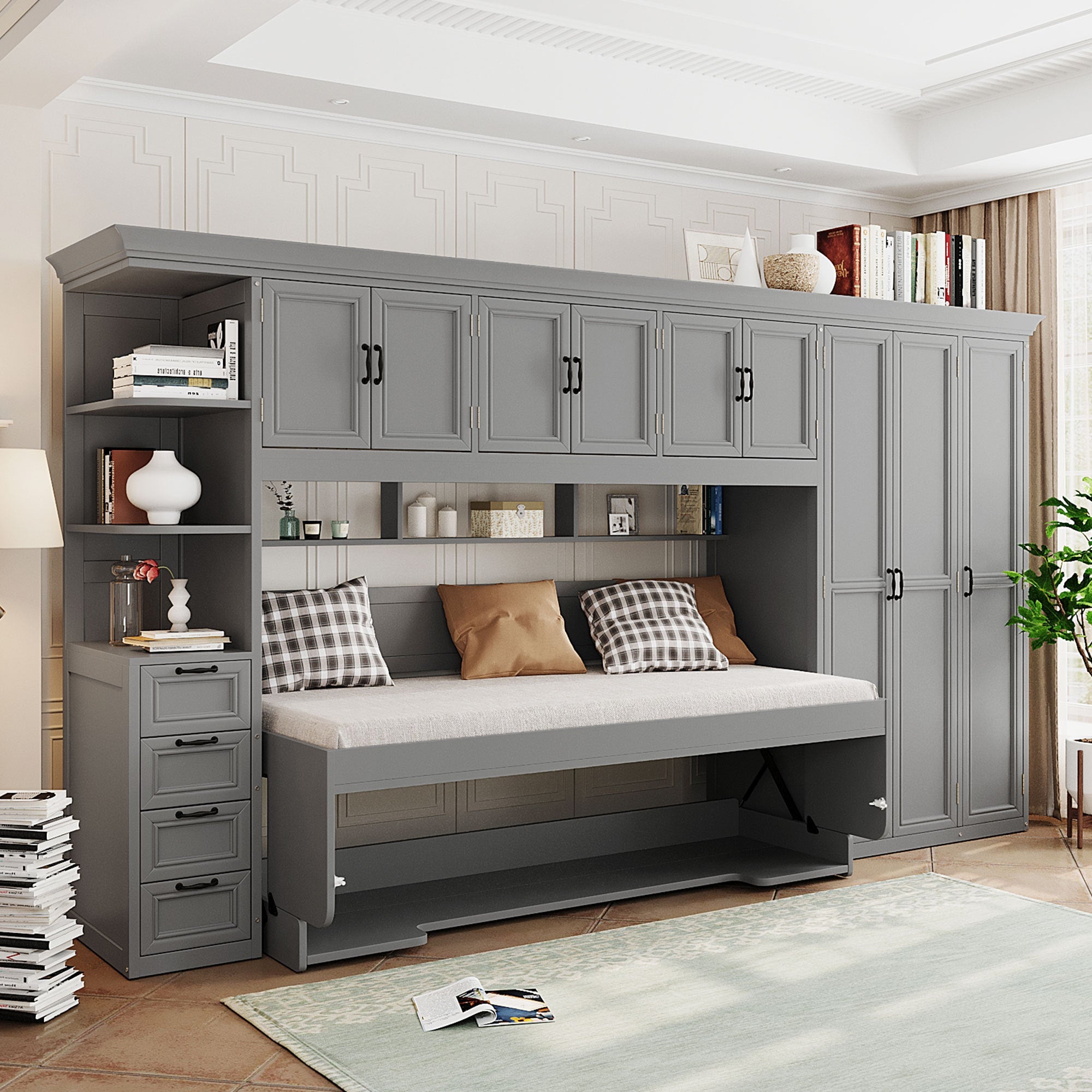 Murphy Bed Wall Bed with Wardrobe, Cabinet and Desk