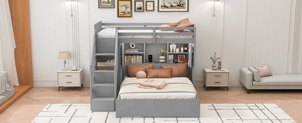 Twin over Full Bunk Bed with Storage Stairs, Wardrobe,USB and Ligh
