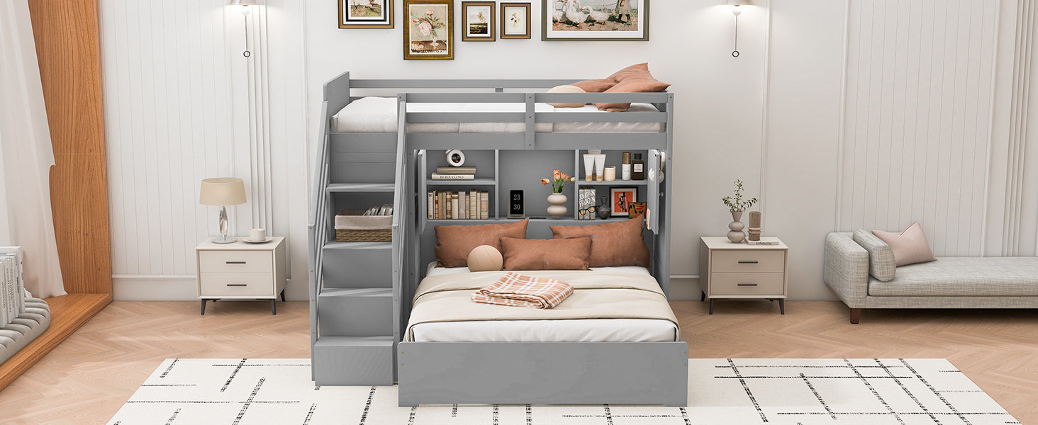 Twin over Full Bunk Bed with Storage Stairs, Wardrobe,USB and Ligh