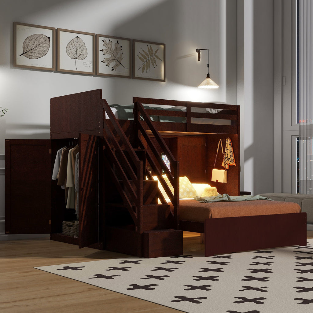 Twin over Full Bunk Bed with Storage Stairs, Wardrobe,USB and Ligh