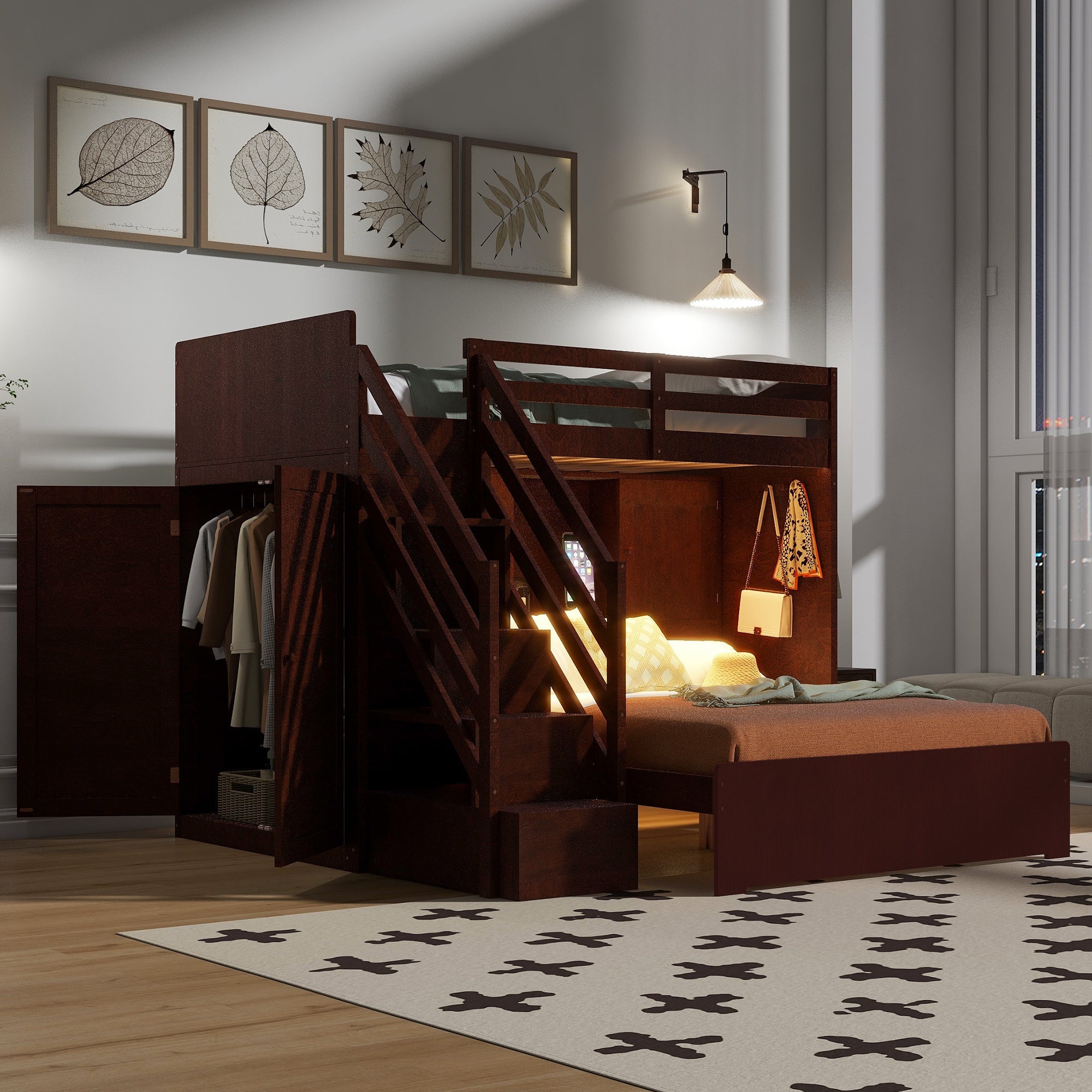 Twin over Full Bunk Bed with Storage Stairs, Wardrobe,USB and Ligh