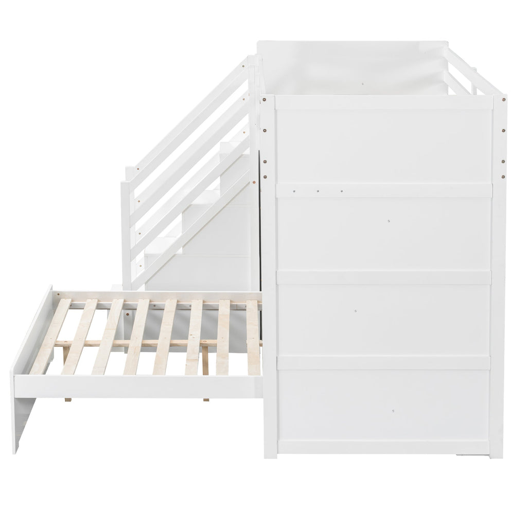 Twin over Full Bunk Bed with Storage Stairs, Wardrobe,USB and Ligh