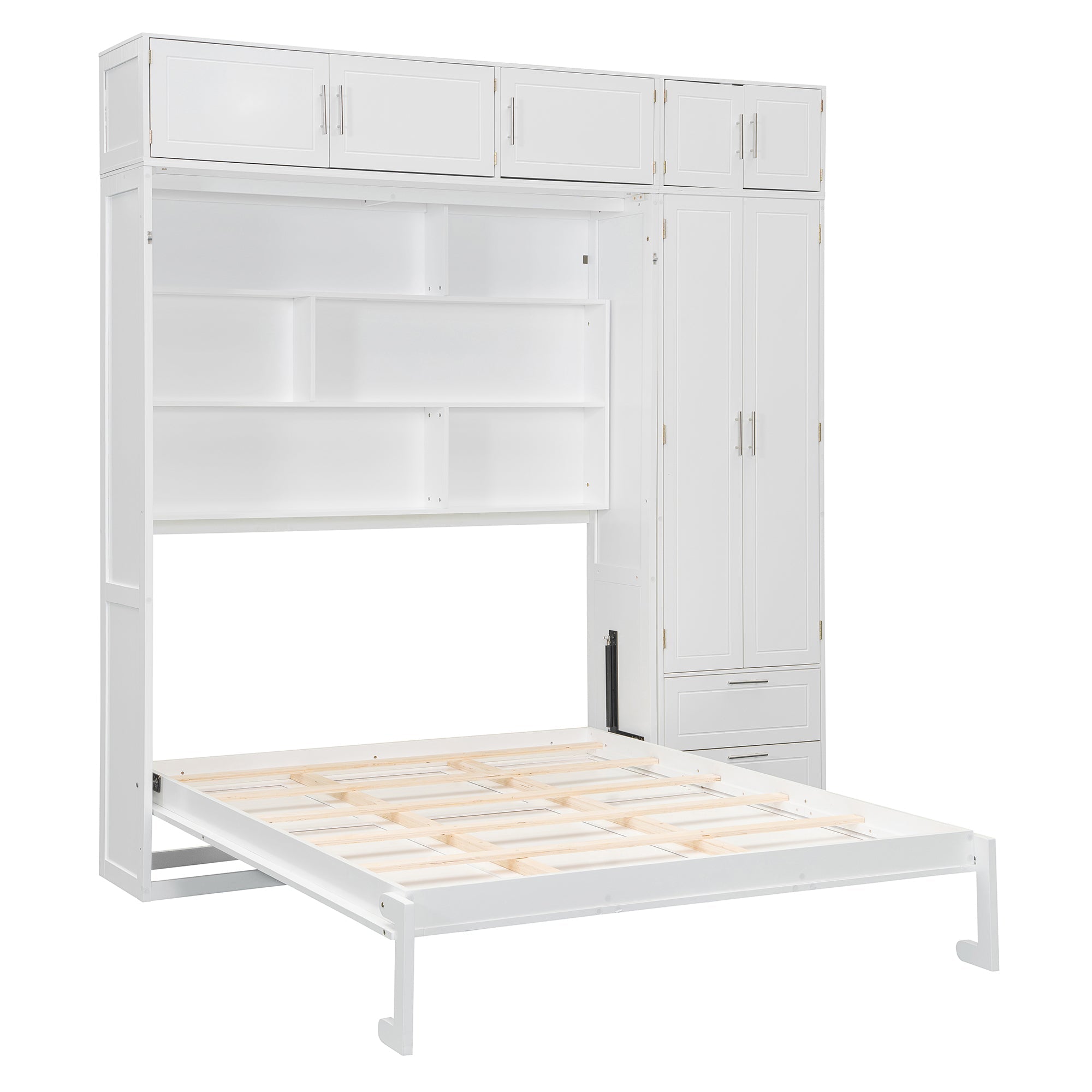 Queen Size Wall Murphy Bed with Top Cabinet, Shelves and Wardrobe,