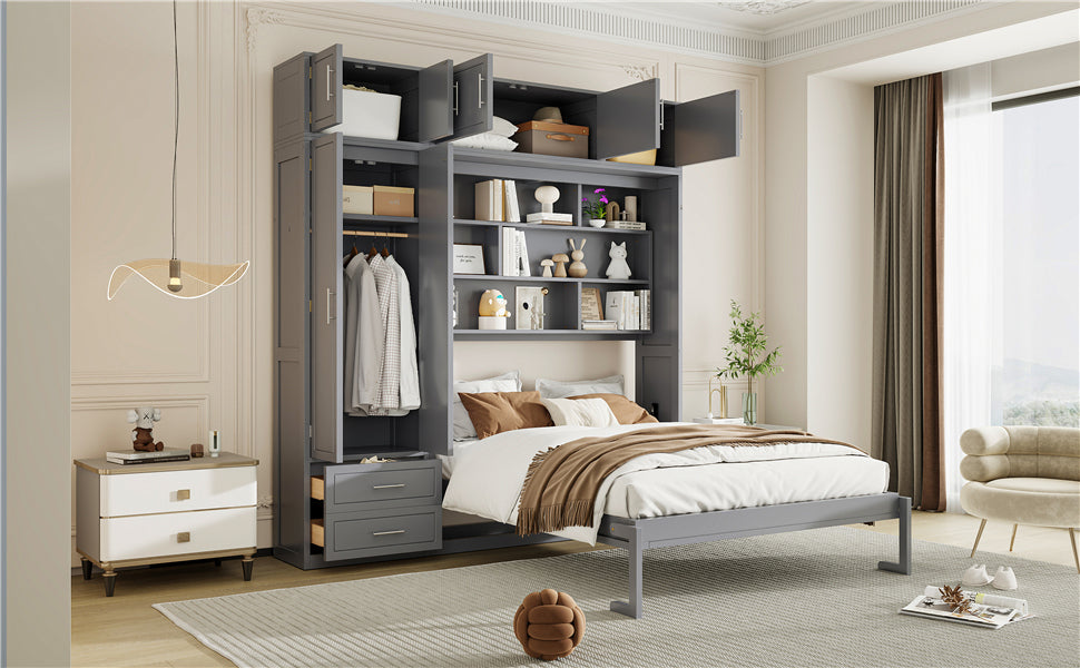 Queen Size Wall Murphy Bed with Top Cabinet, Shelves and Wardrobe,