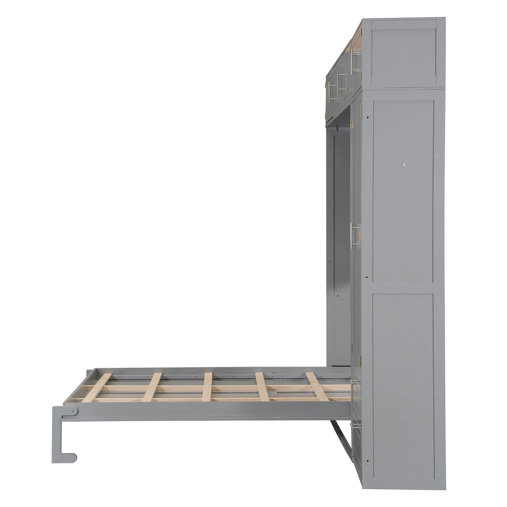 Queen Size Wall Murphy Bed with Top Cabinet, Shelves and Wardrobe,