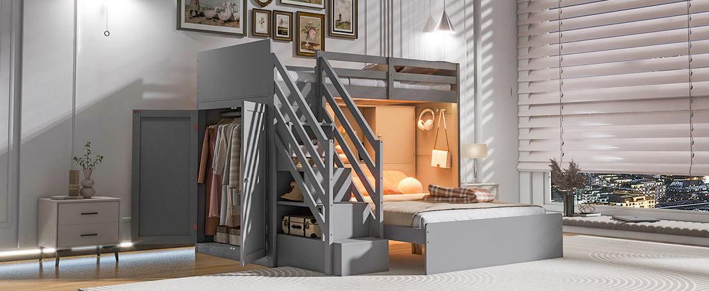 Twin over Full Bunk Bed with Storage Stairs, Wardrobe,USB and Ligh
