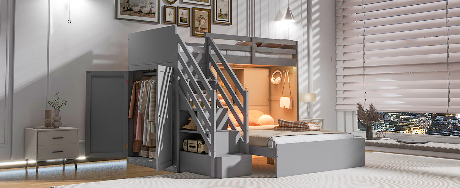 Twin over Full Bunk Bed with Storage Stairs, Wardrobe,USB and Ligh