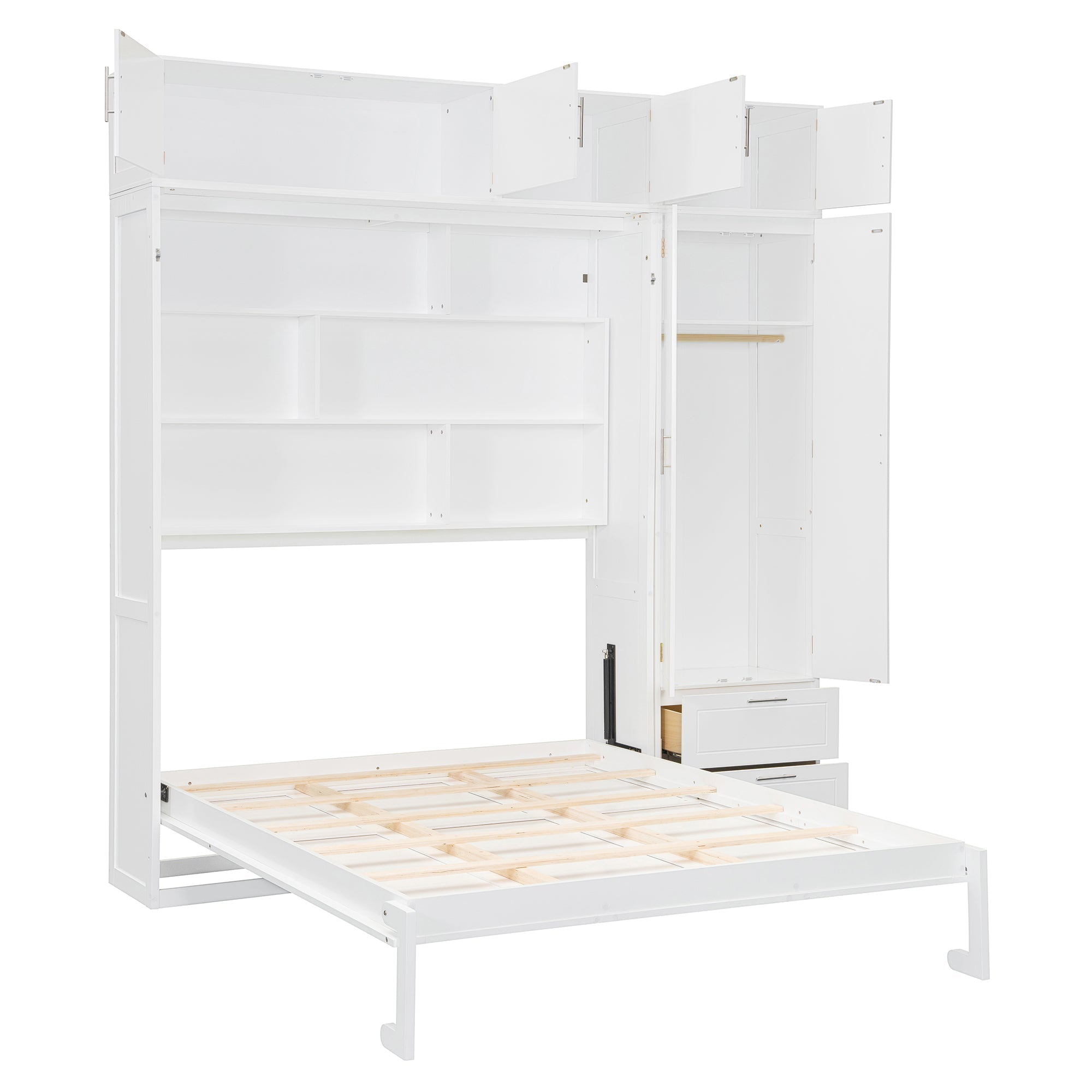Queen Size Wall Murphy Bed with Top Cabinet, Shelves and Wardrobe,