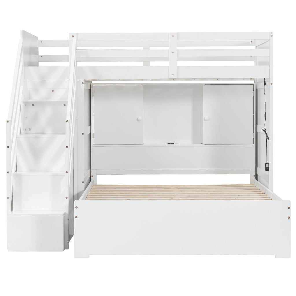 Twin over Full Bunk Bed with Storage Stairs, Wardrobe,USB and Ligh