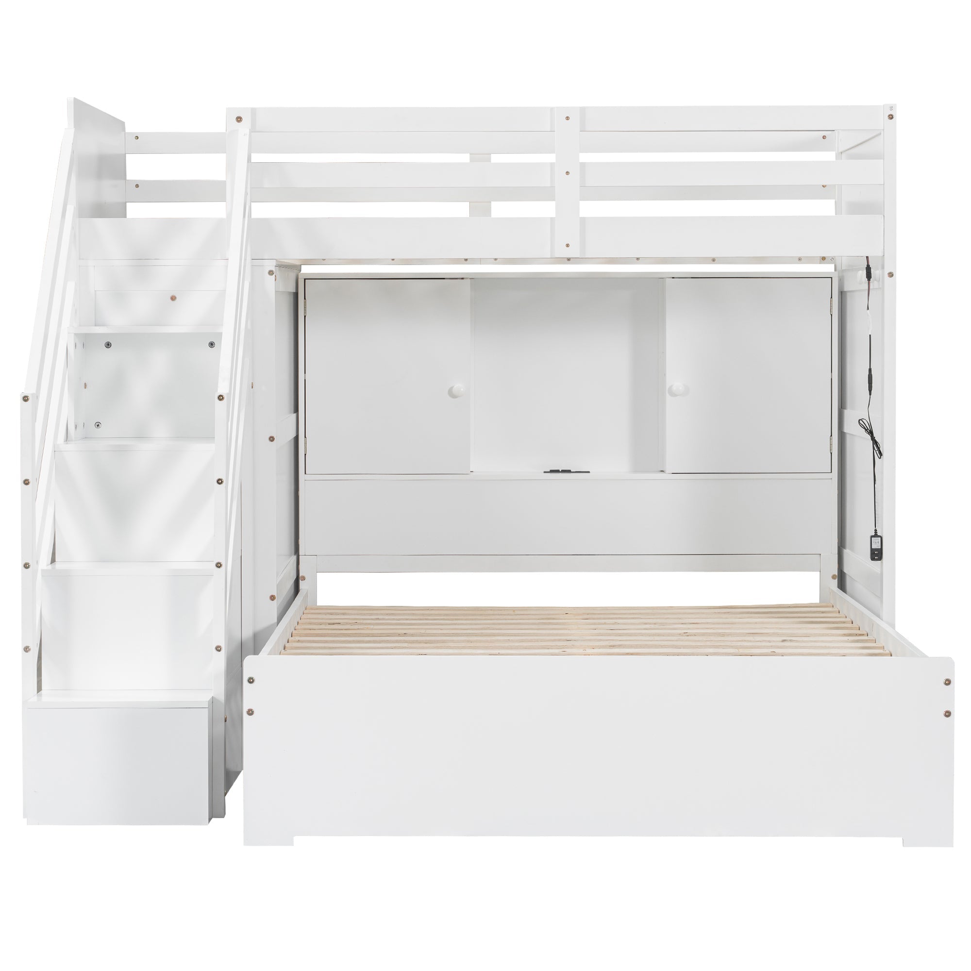 Twin over Full Bunk Bed with Storage Stairs, Wardrobe,USB and Ligh