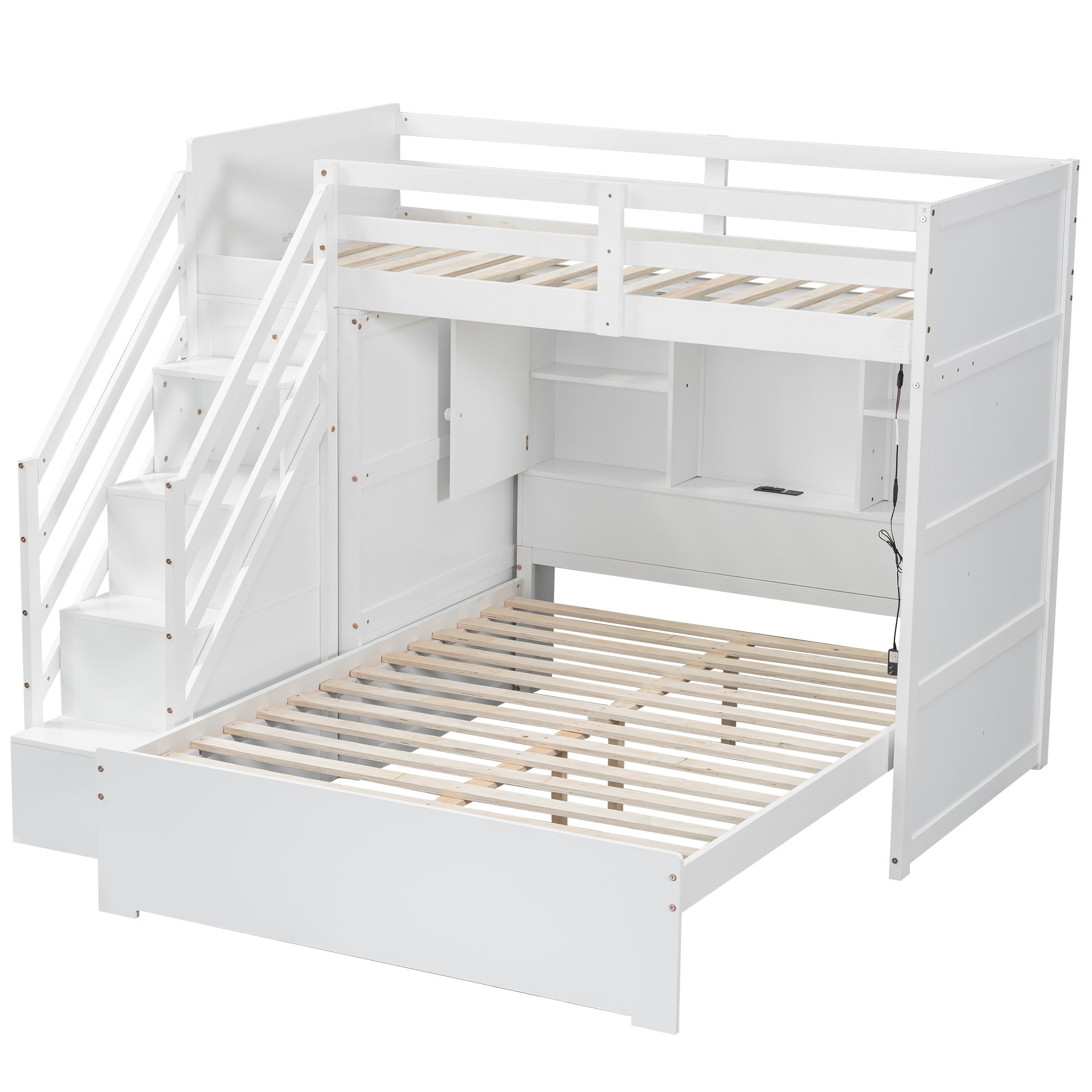 Twin over Full Bunk Bed with Storage Stairs, Wardrobe,USB and Ligh