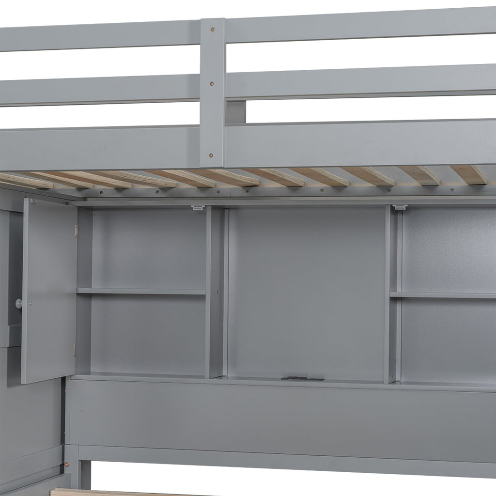 Twin over Full Bunk Bed with Storage Stairs, Wardrobe,USB and Ligh