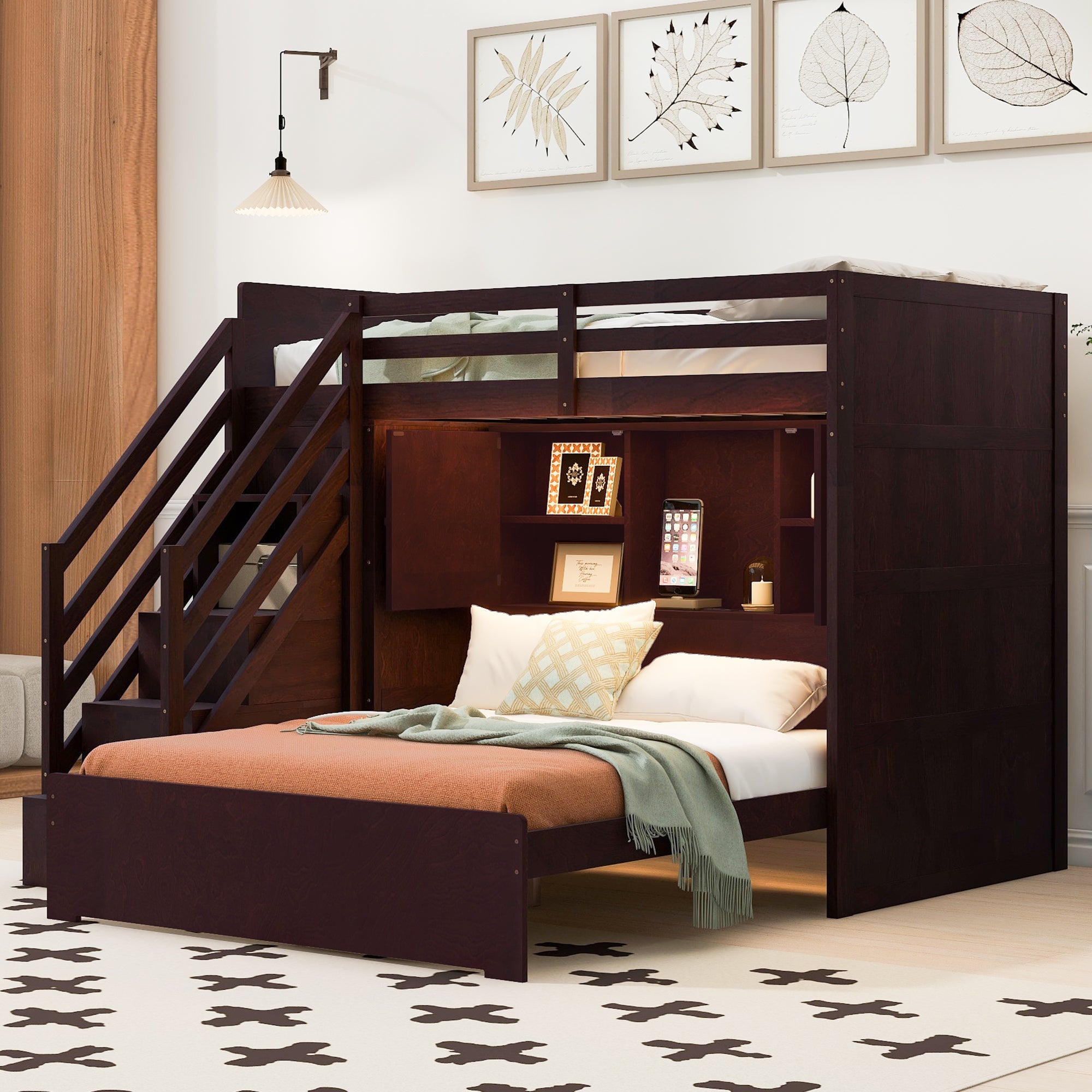 Twin over Full Bunk Bed with Storage Stairs, Wardrobe,USB and Ligh