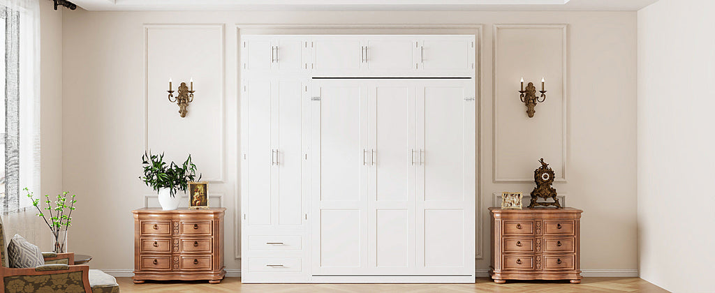 Queen Size Wall Murphy Bed with Top Cabinet, Shelves and Wardrobe,