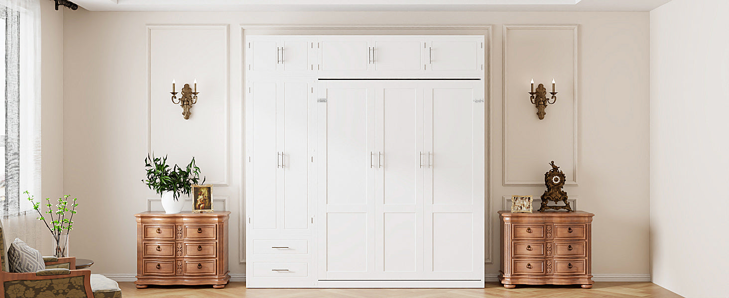 Queen Size Wall Murphy Bed with Top Cabinet, Shelves and Wardrobe,