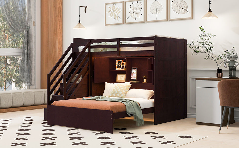 Twin over Full Bunk Bed with Storage Stairs, Wardrobe,USB and Ligh