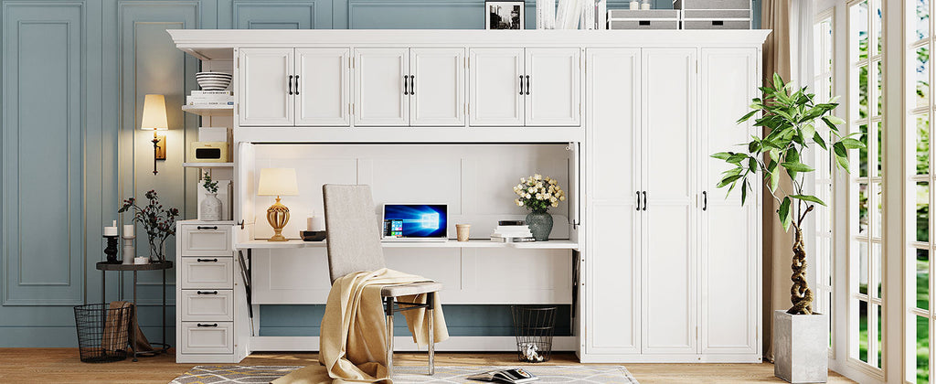 Murphy Bed Wall Bed with Wardrobe, Cabinet and Desk