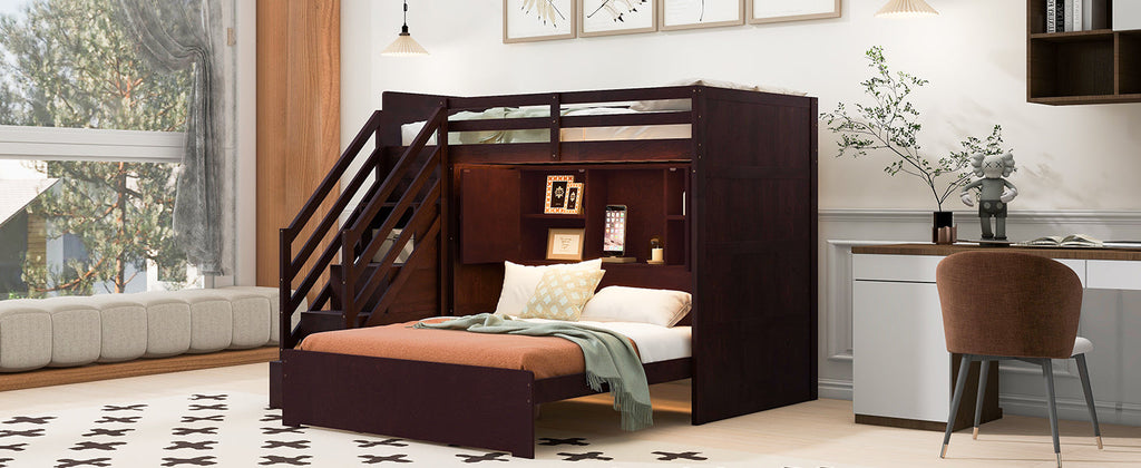 Twin over Full Bunk Bed with Storage Stairs, Wardrobe,USB and Ligh