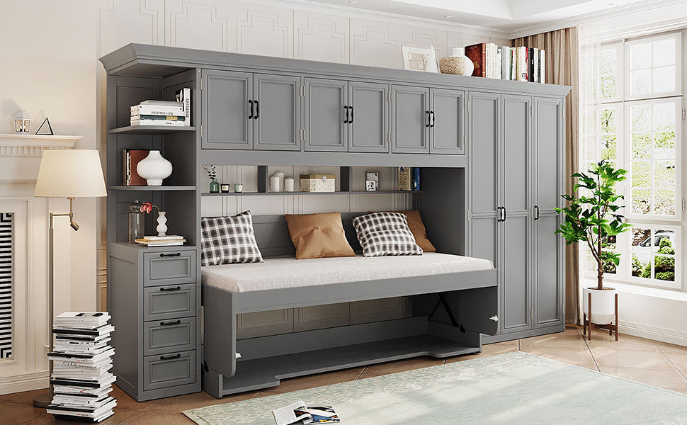 Murphy Bed Wall Bed with Wardrobe, Cabinet and Desk