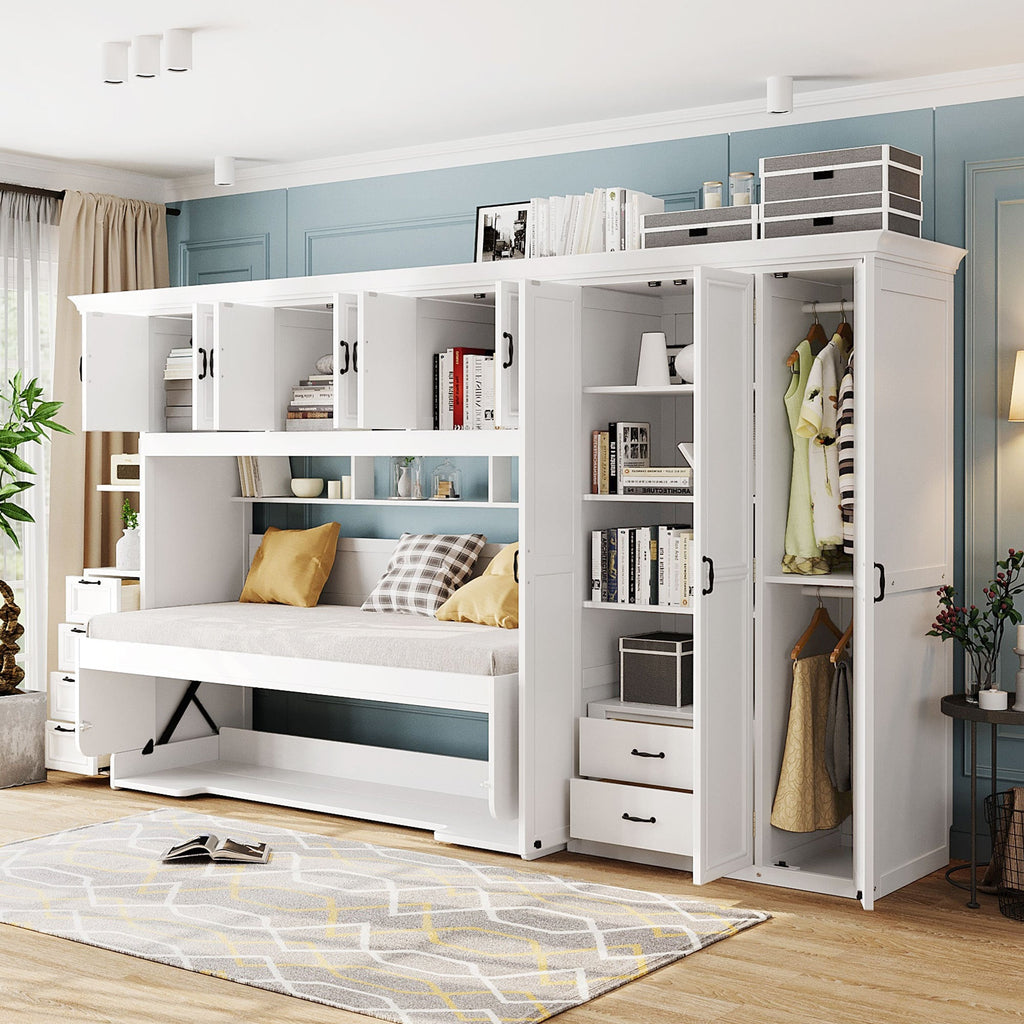 Murphy Bed Wall Bed with Wardrobe, Cabinet and Desk
