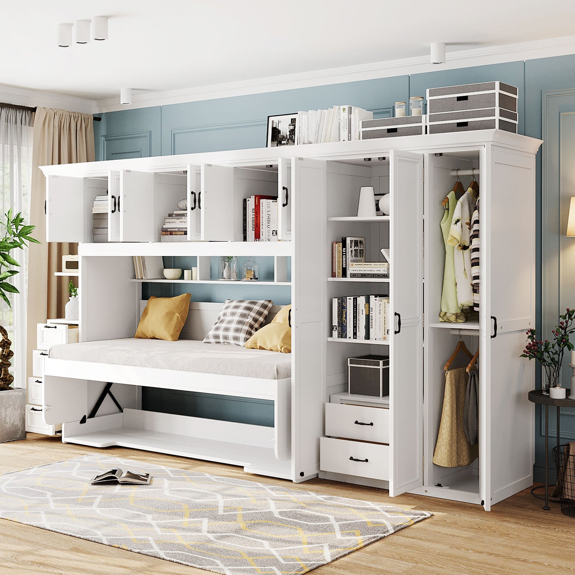 Murphy Bed Wall Bed with Wardrobe, Cabinet and Desk